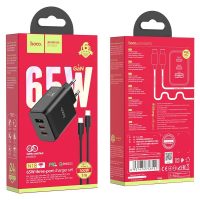 Сетевое зарядное устройство Hoco N18 GaN 65W, 3 порта, кабель Type-C to Type-C