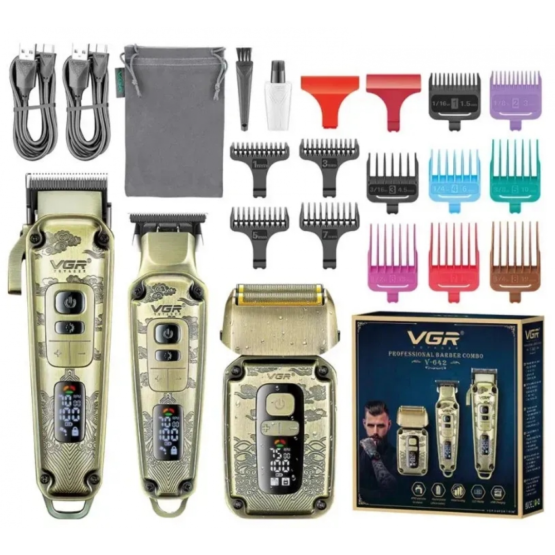 Набор для стрижки VGR V-642 Gold, машинка, триммер и шейвер, аккумуляторный Набор для стрижки VGR V-642 Gold, машинка, триммер и шейвер, аккумуляторный
