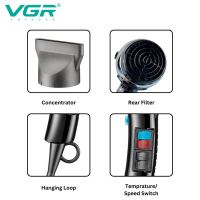 Профессиональный фен VGR V-465, AC-мотор, до 2400 Вт, холодный воздух, концентратор