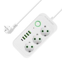 Сетевой удлинитель EU-F09U на 3 розетки с заземлением, 4 USB и 1 Type-C, 2500 Вт, 10 А, кабель 2 м