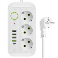 Сетевой удлинитель EU-F09U на 3 розетки с заземлением, 4 USB и 1 Type-C, 2500 Вт, 10 А, кабель 2 м