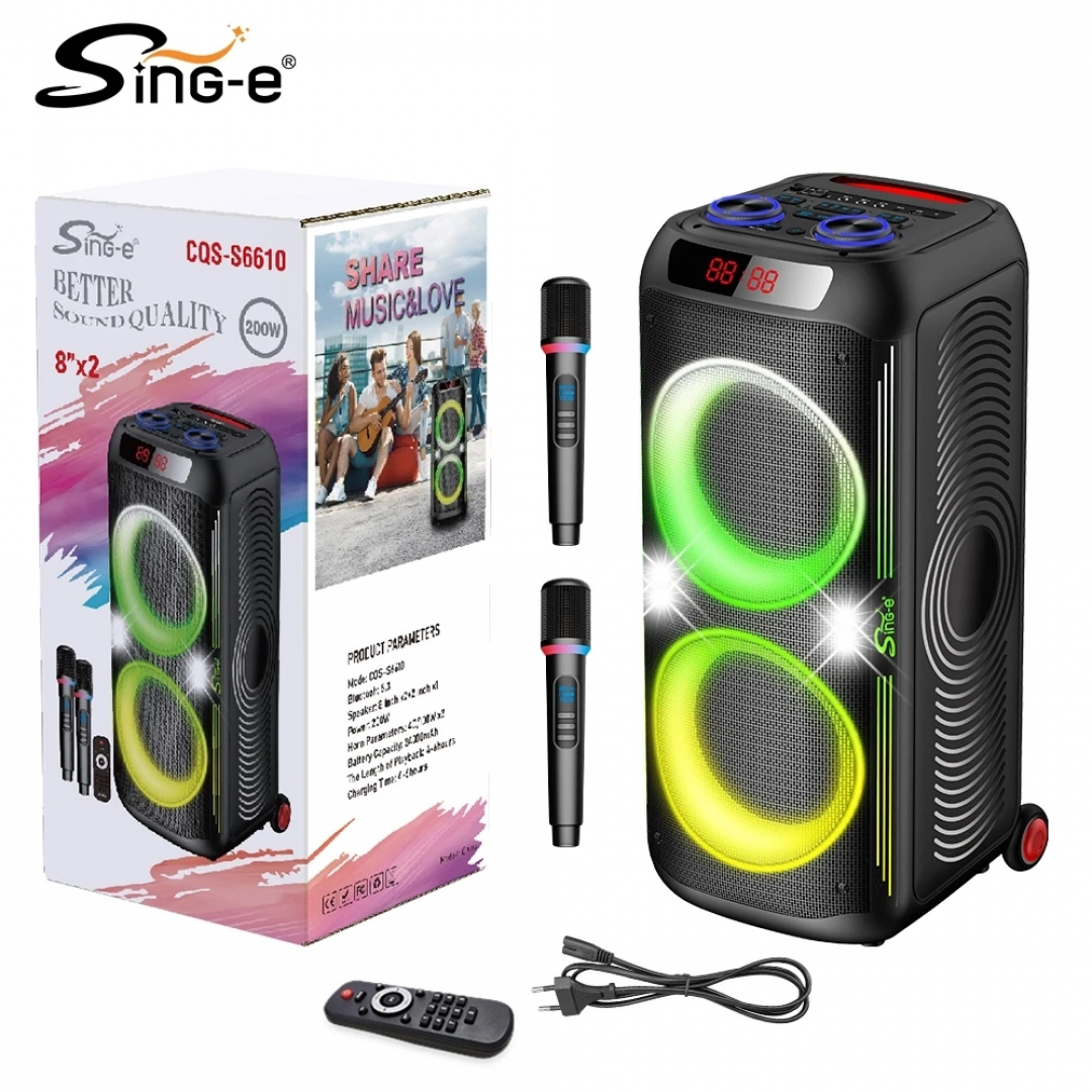 Портативная колонка Sing-e CQS-S6610, 200 Вт, Bluetooth 5.3, 2 × 8", 24000 мА·ч, с микрофонами Портативная колонка Sing-e CQS-S6610, 200 Вт, Bluetooth 5.3, 2 × 8", 24000 мА·ч, с микрофонами